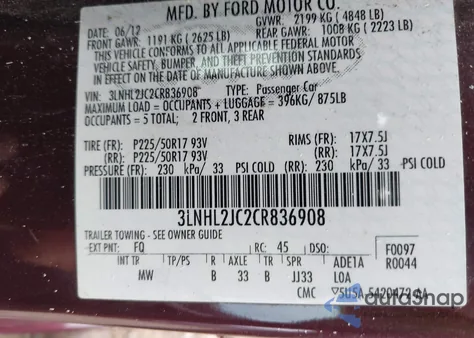 2012 Lincoln Mkz from USA, damaged, VIN 3LNHL2JC2CR836908